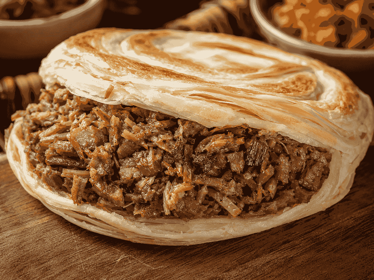 Xi’an roujiamo filled with richly seasoned slow-braised pork inside a crisp layered flatbread. Xi’an roujiamo filled with richly seasoned slow-braised pork inside a crisp layered flatbread.