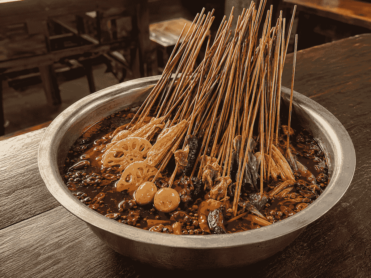 Chengdu chuan chuan skewers cooked in spicy Sichuan chili broth Chengdu chuan chuan skewers cooked in spicy Sichuan chili broth