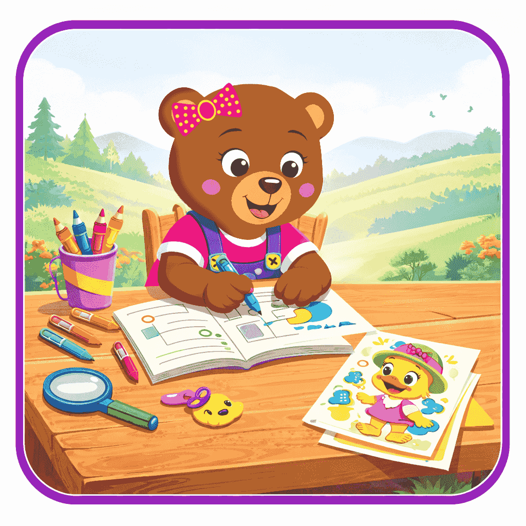 Tubba Bear coloring a printable activity page from Tubba’s Adventure Club at a table in Harmony Ridge Tubba Bear coloring a printable activity page from Tubba’s Adventure Club at a table in Harmony Ridge