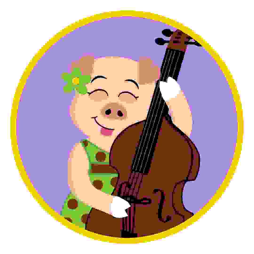 Dotty Pig playing her bass guitar with her tung out in Harmony Ridge Dotty Pig playing her bass guitar with her tung out in Harmony Ridge