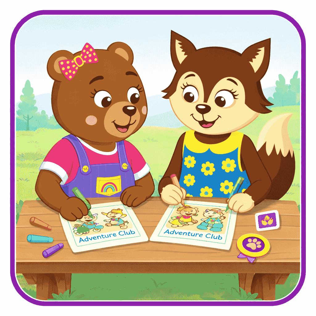 Tubba Bear and Fancy Fox coloring printable Adventure Club activity pages together in Harmony Ridge Tubba Bear and Fancy Fox coloring printable Adventure Club activity pages together in Harmony Ridge