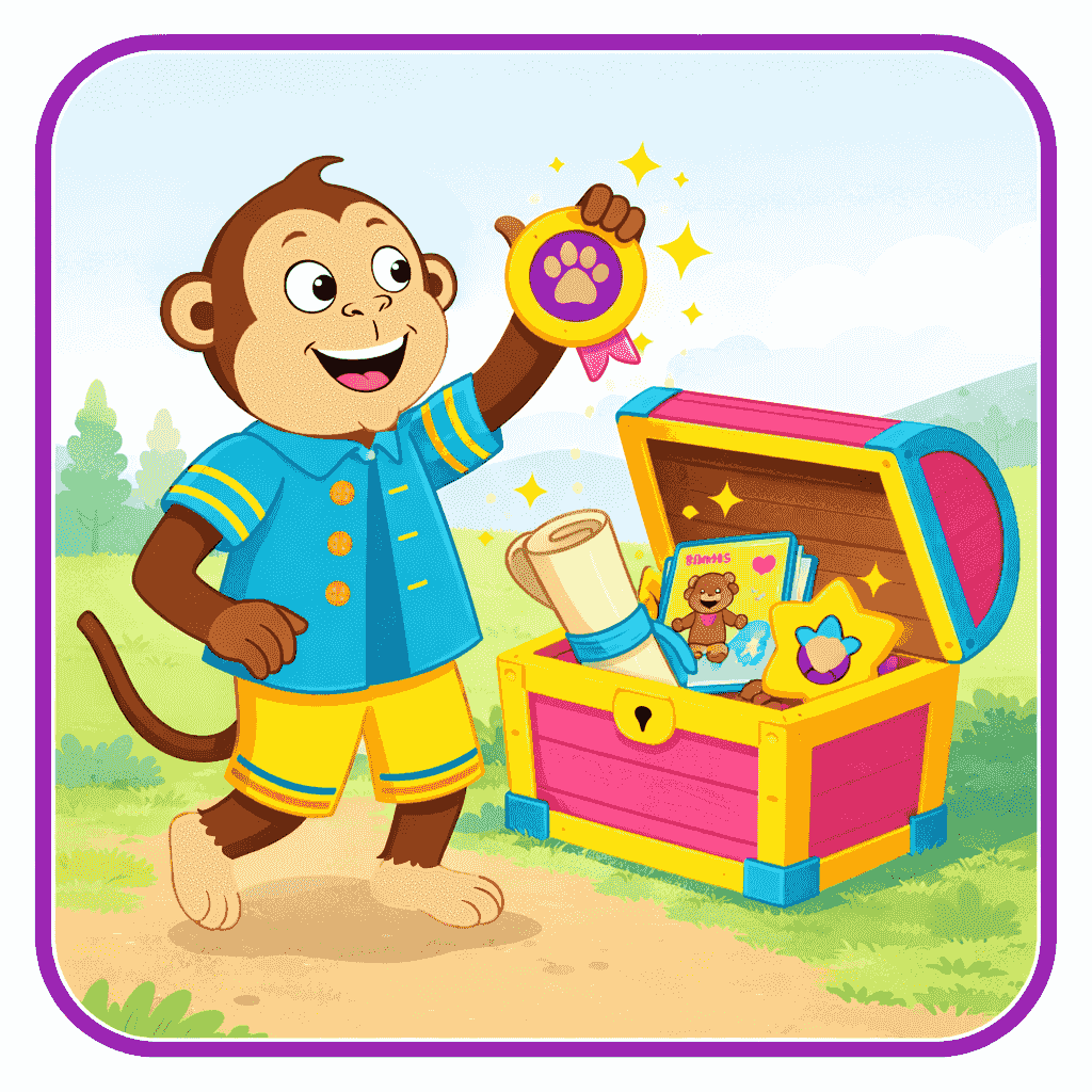 Messy Monkey holding an Explorer Badge beside a treasure chest filled with Tubba’s Adventure Club materials in Harmony Ridge Messy Monkey holding an Explorer Badge beside a treasure chest filled with Tubba’s Adventure Club materials in Harmony Ridge