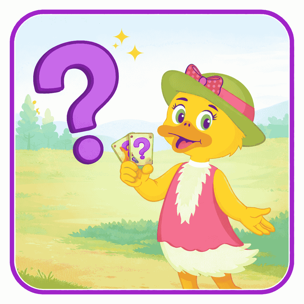 Sadie Duck holding question cards beside a large question mark for Tubba’s Adventure Club FAQ in Harmony Ridge Sadie Duck holding question cards beside a large question mark for Tubba’s Adventure Club FAQ in Harmony Ridge