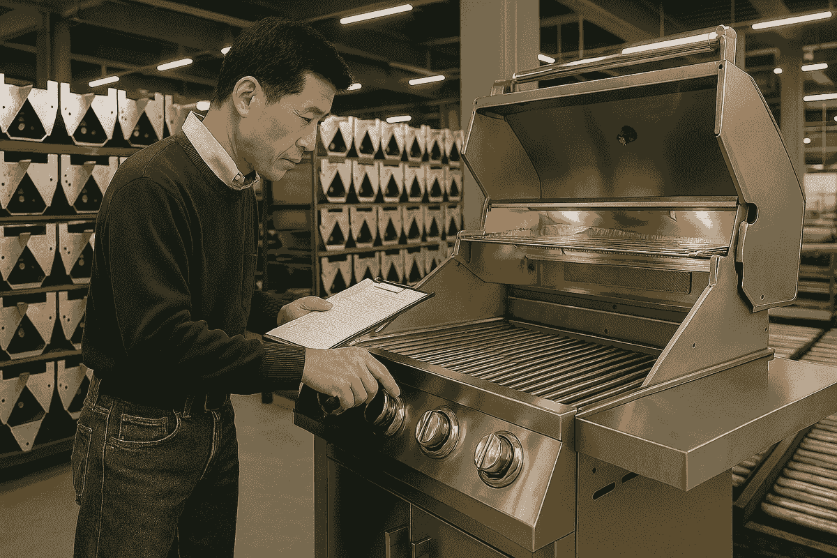 BBQ Grill Quality Inspection team assessing multiple grill types