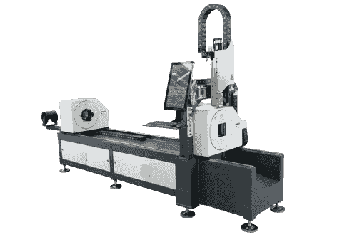 High-tech laser machine to cut metal tube in modern manufacturing environment.