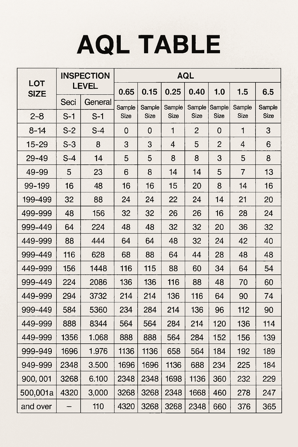A comprehensive view of an aql table used in quality control.