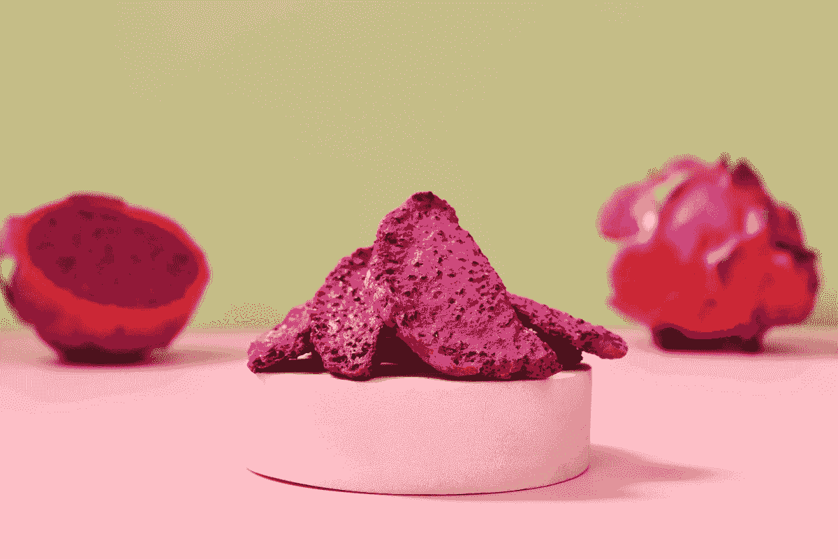 Colorful display featuring freeze dried dragon fruit.
