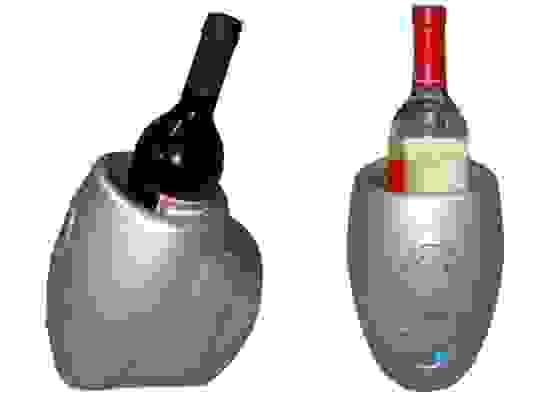 Stainless steel wine chiller bucket and bamboo coasters.