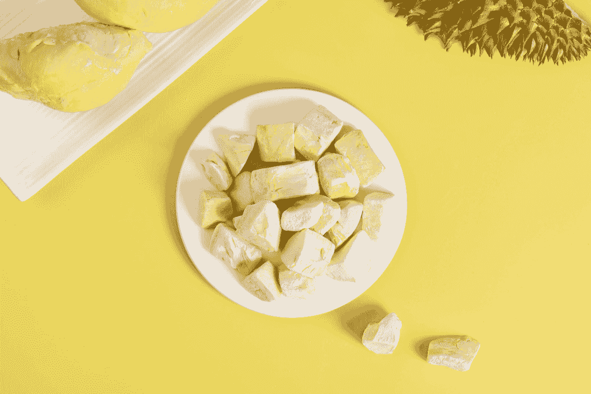 Colorful display featuring delicious freeze dried durian snacks.