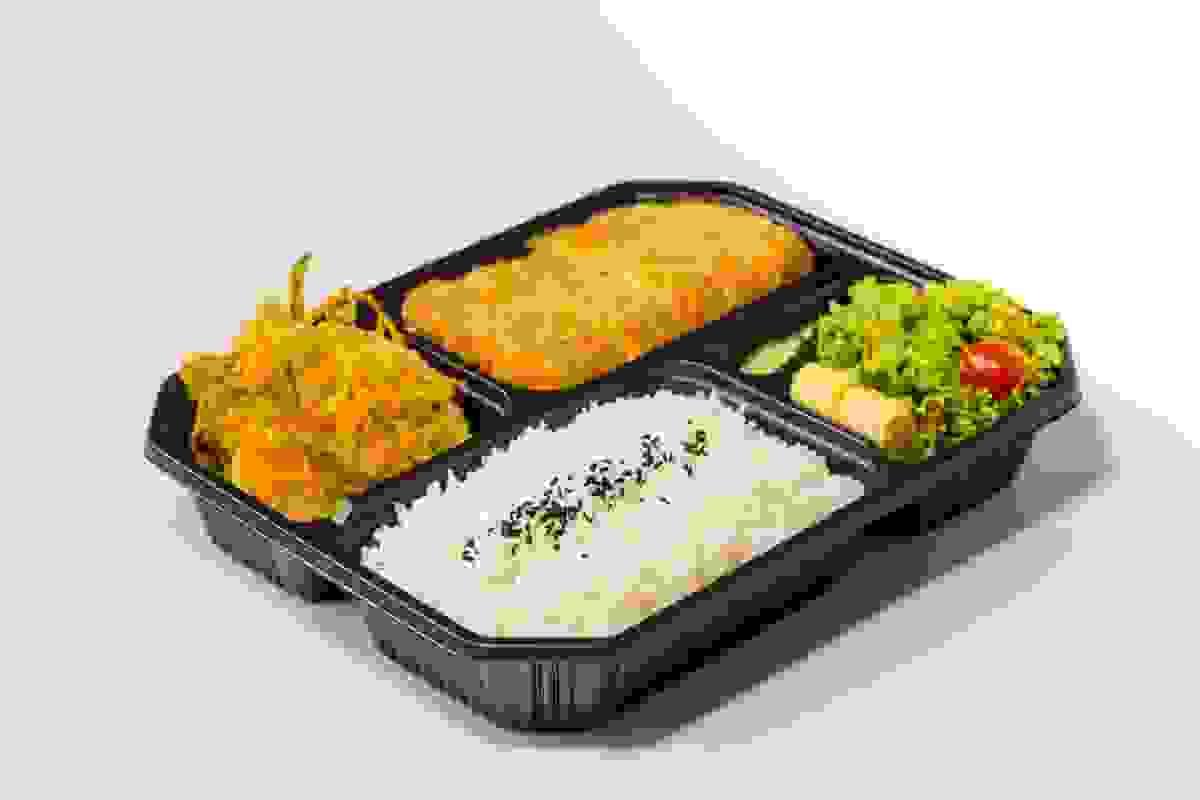 Biodegradable take out food containers displayed on table