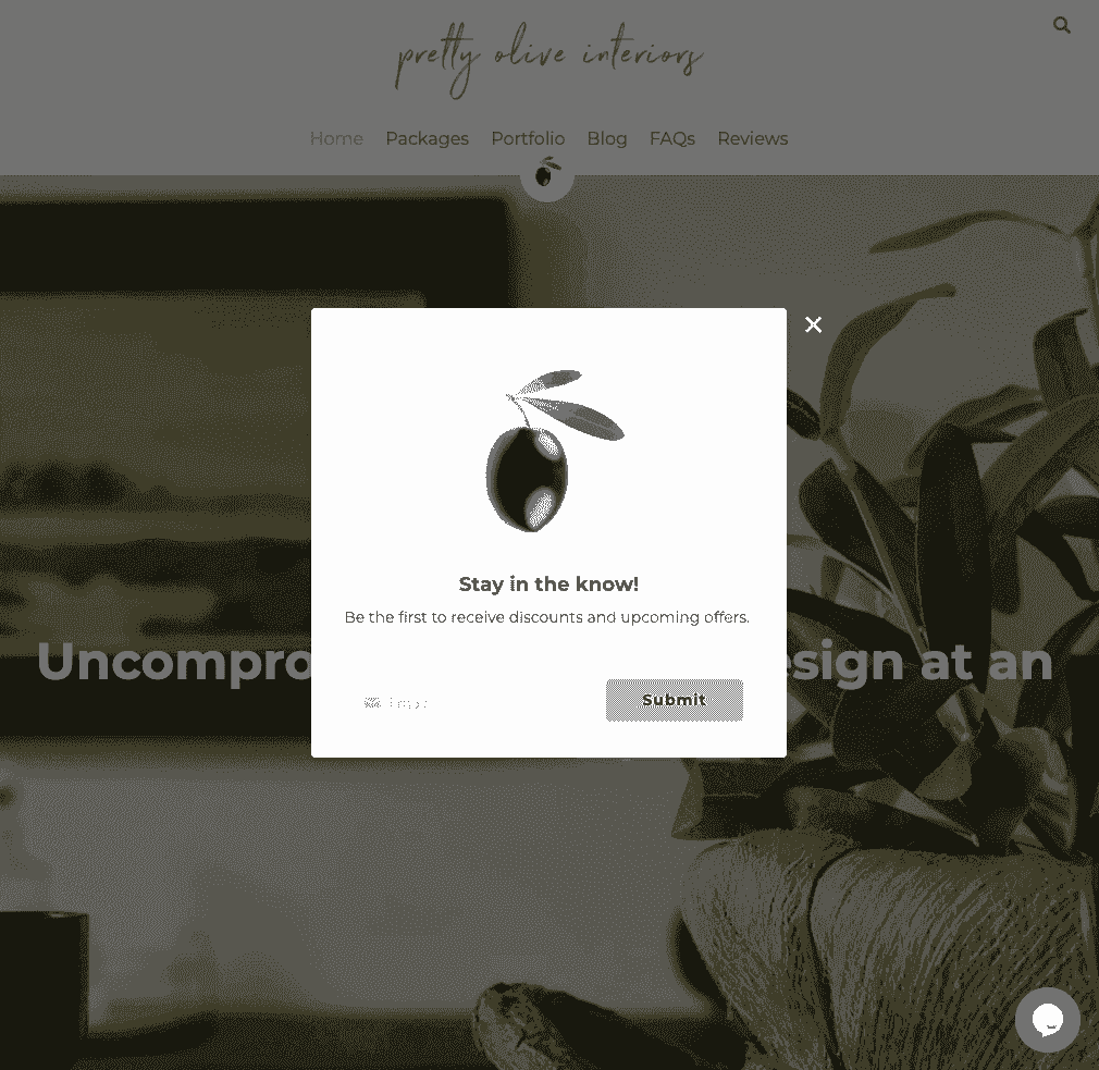 Site-ul de comerț electronic Pretty Olive Interiors cu formular pop-up