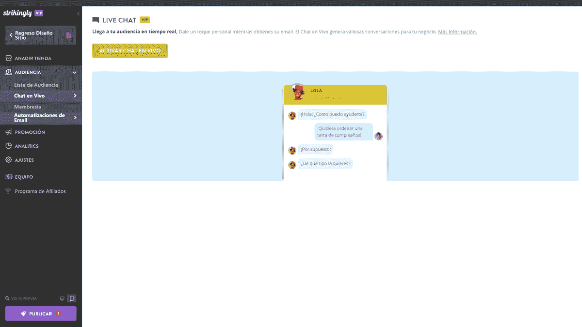 Convierta a los visitantes de su sitio web con Strikingly: soporte de chat en vivo