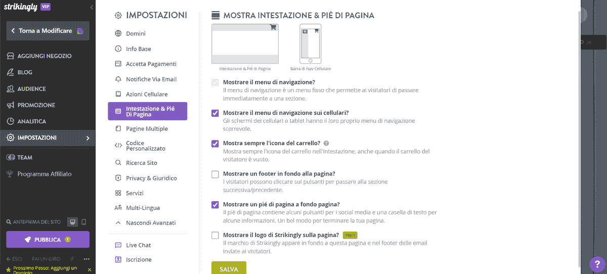 Informativa sulla privacy: seleziona la casella per Visualizza un piè di pagina in fondo alla pagina da Intestazione e piè di pagina in Impostazioni