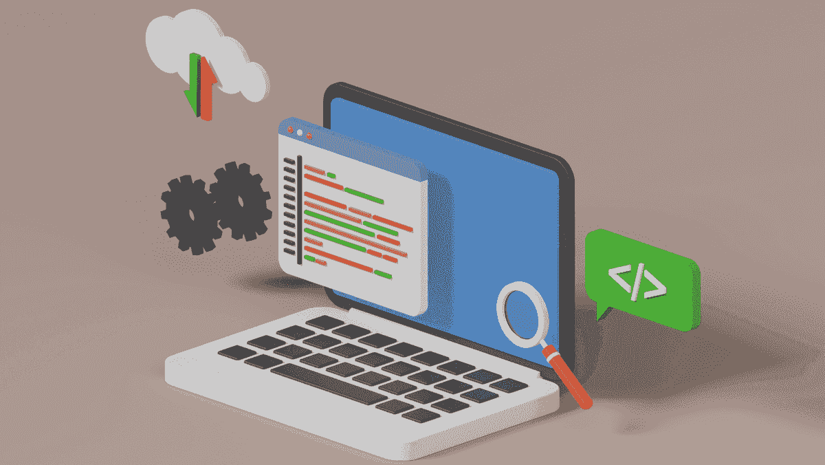 Renderização 3D de um laptop mostrando um construtor de sites