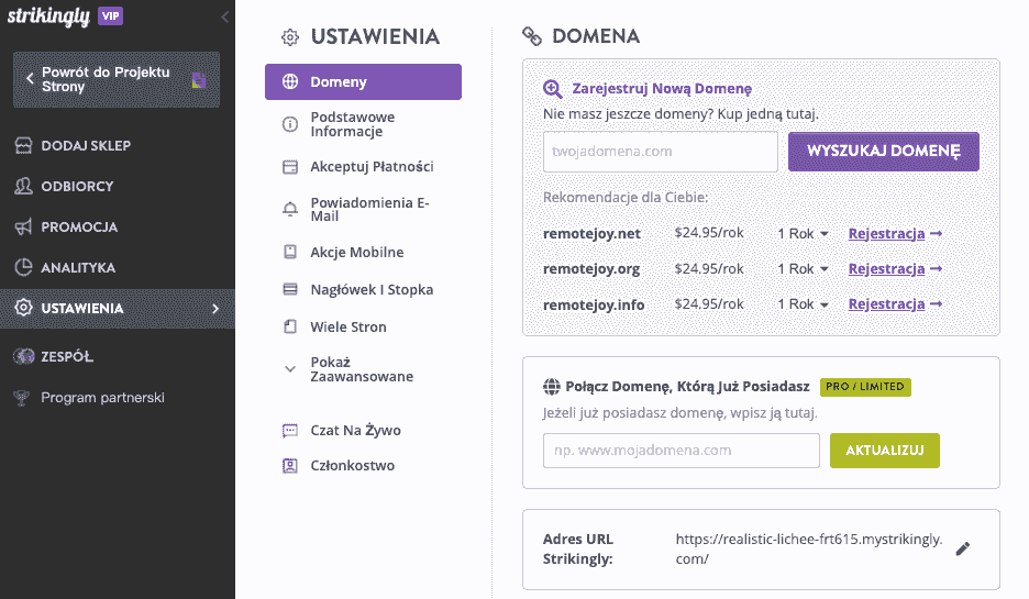 Edytor Strikingly — strona domeny