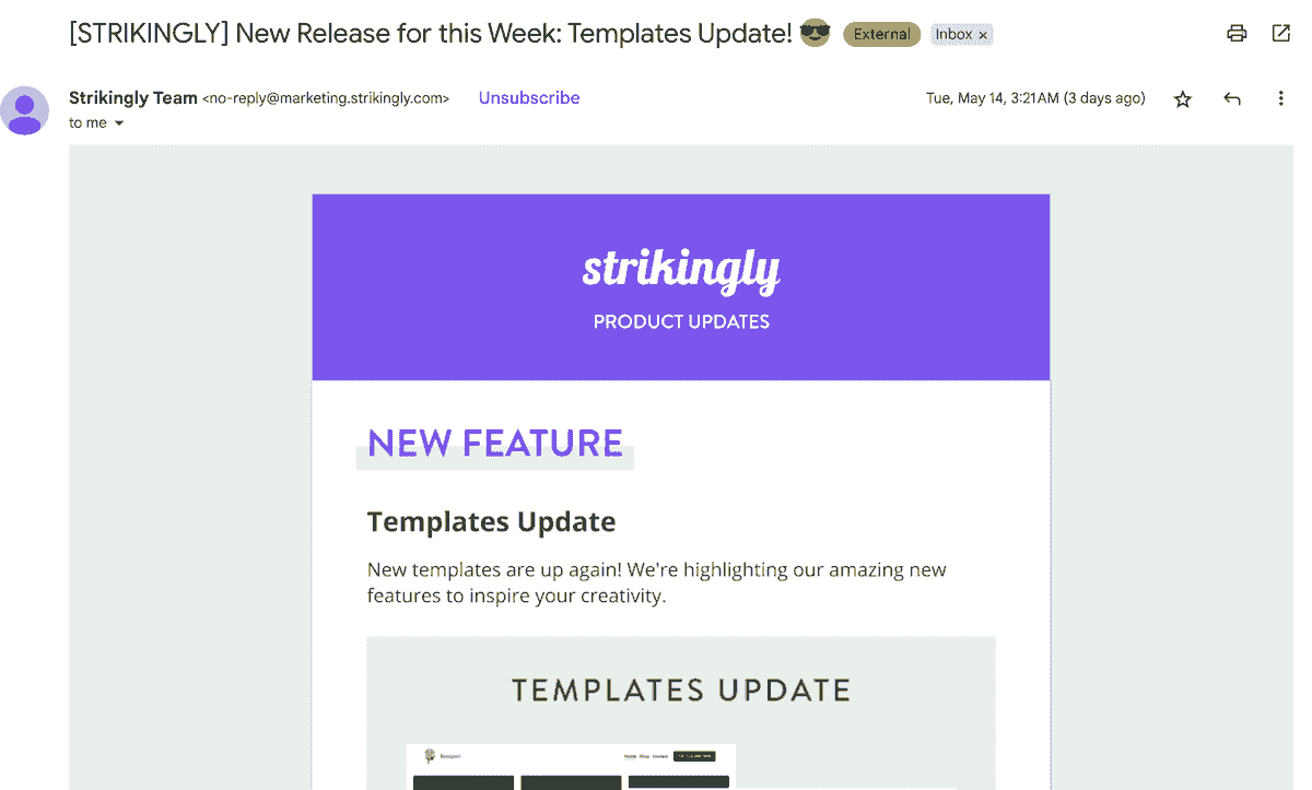 Actualizaciones por correo electrónico de Strikingly