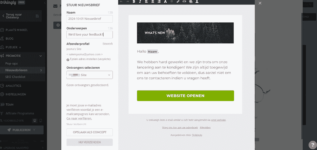 Gebruik van de Strikingly E-mail Enquête Functies