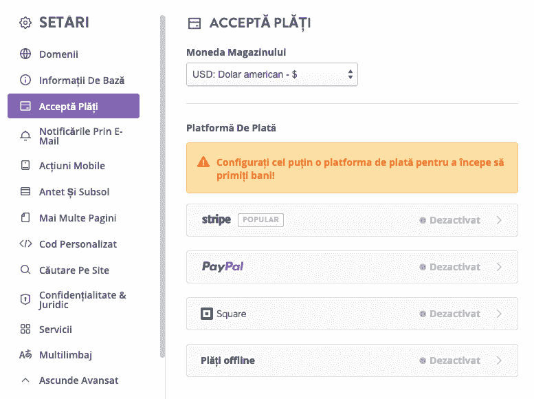 Pagină de configurare a plăților din magazinul online surprinzător