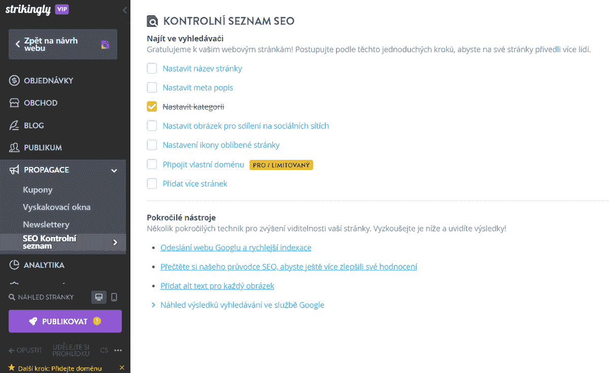 Kontrolní seznam SEO od společnosti Strikingly