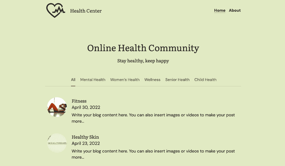 Plantilla de comunidad de salud de Strikingly