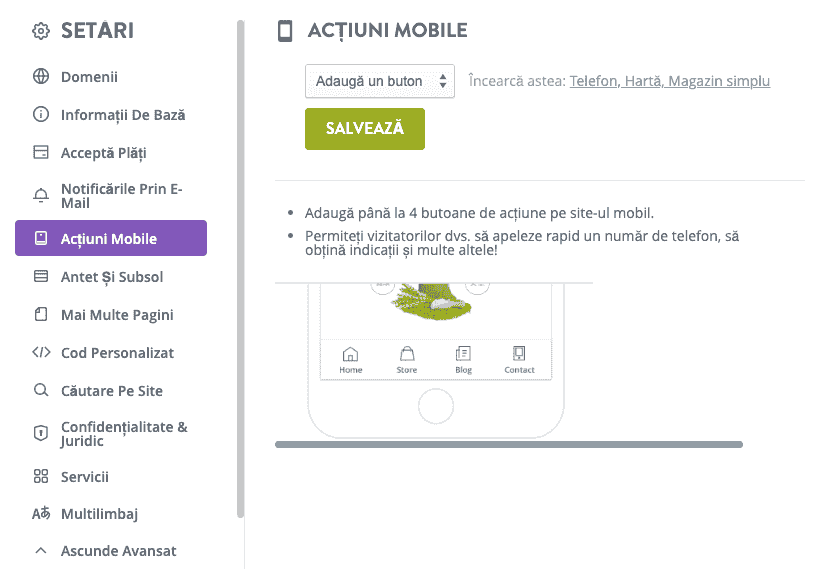 Pagina de configurare a acțiunii surprinzător de mobil