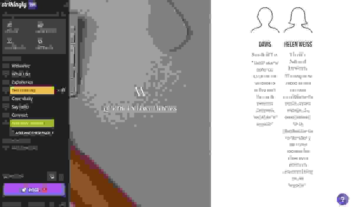 Editor de sitios web llamativo que muestra un portafolio de marketing