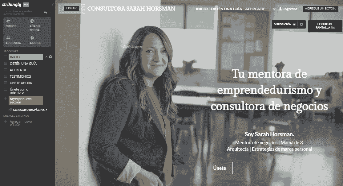 Plantilla de portafolio de Sarah Horsman con Strikingly