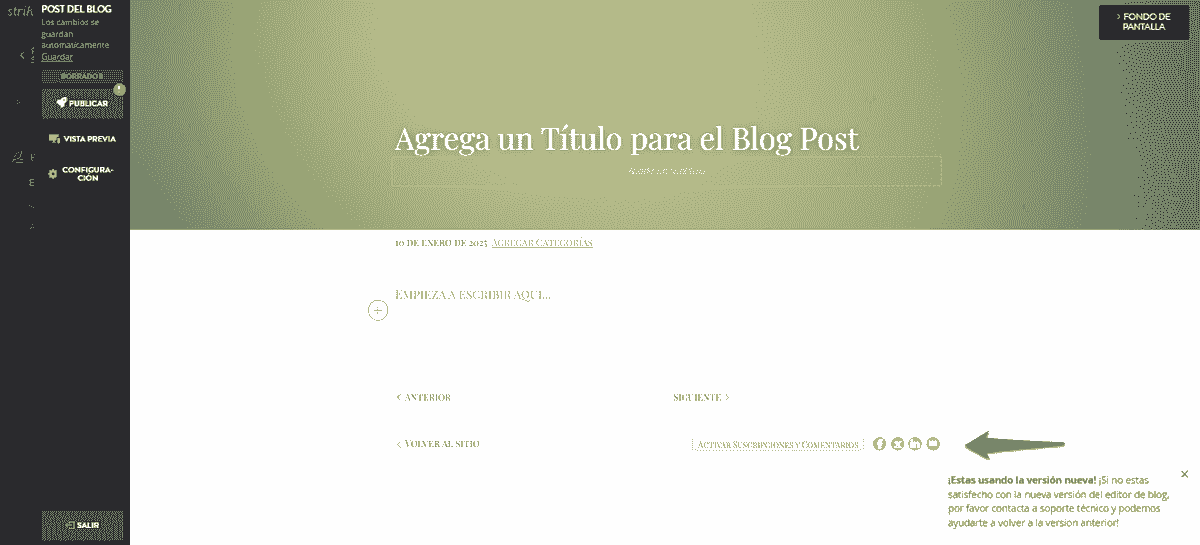 Editor del blog Strikingly