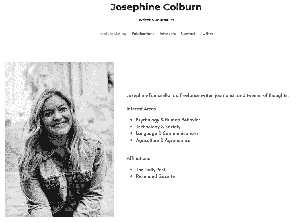 Josephine Colburn Personal Website Template od Strikingly