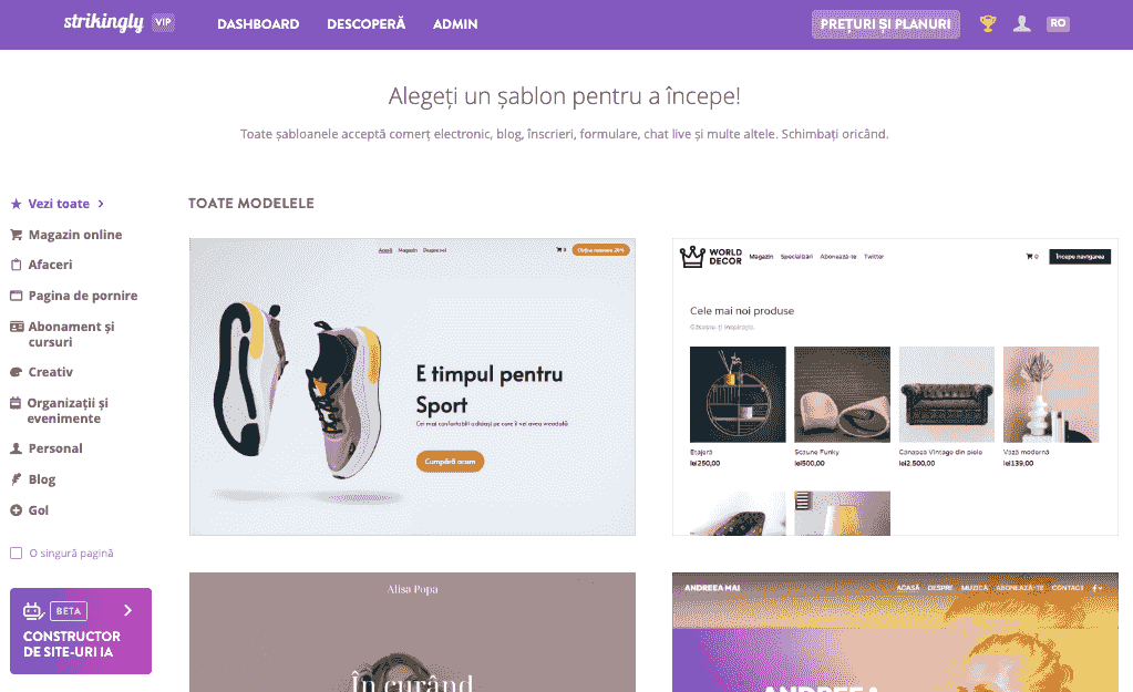 Strikingly - Selectați pagina șablon