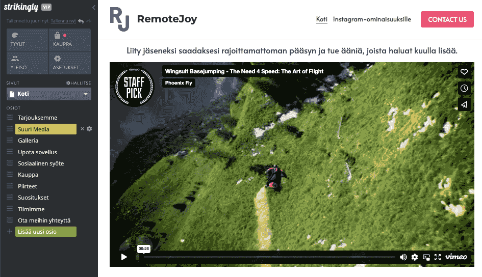 Upotettu videosisältö Strikingly-verkkosivustolla