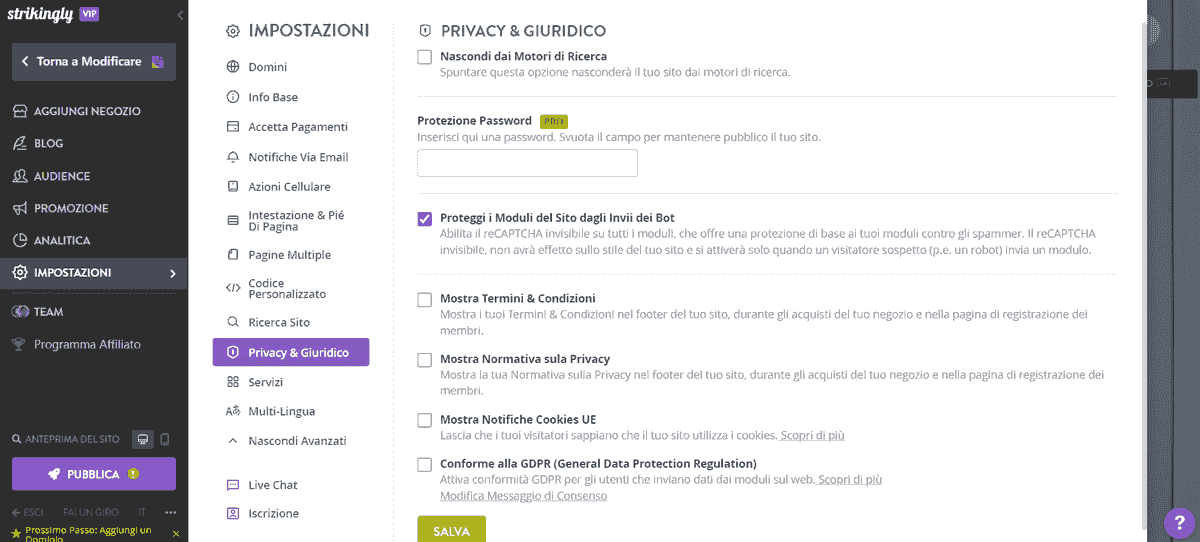 Informativa sulla privacy: seleziona la casella richiesta affinché l'editor venga visualizzato, quindi incolla la tua Informativa sulla privacy e premi il pulsante Salva