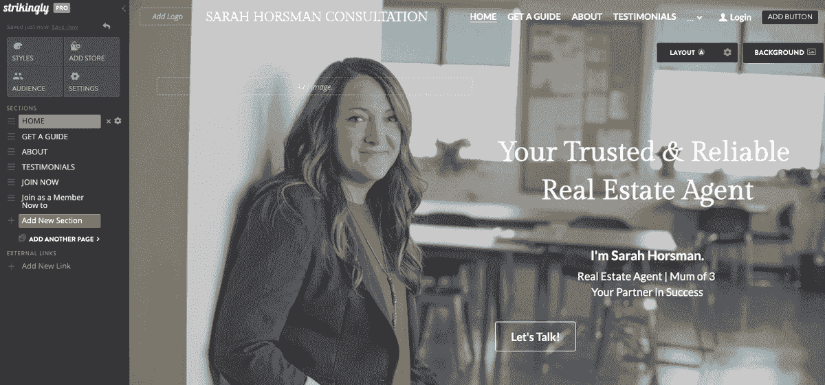 Szablon osobistej strony internetowej Sarah Horsman ze Strikingly