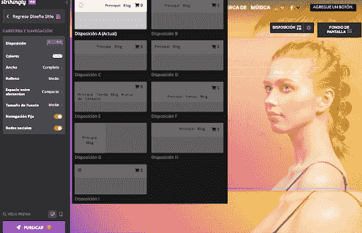 Strikingly Website Editor featuring Navigation Styles Menu