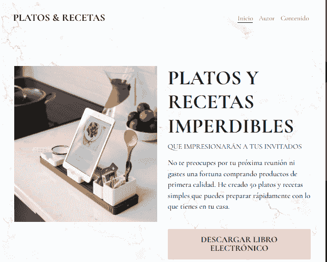 Plantilla de platos y recetas de Strikingly