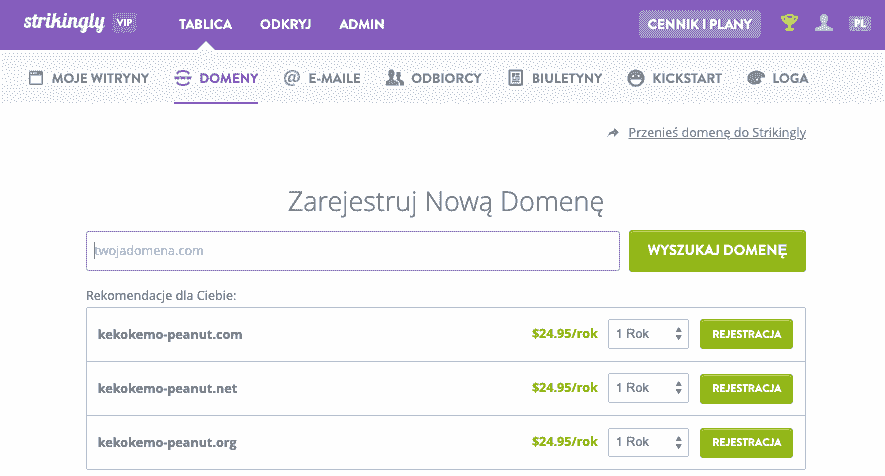 Strikingly - Strona Rejestracji Nowej Domeny