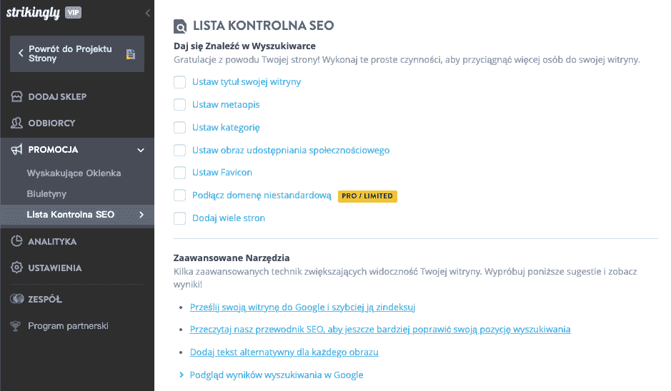 Strikingly – lista kontrolna SEO
