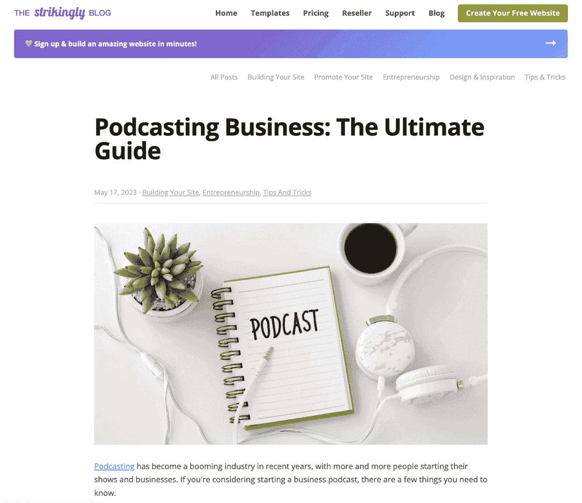 Postagem de blog do blog Strikingly