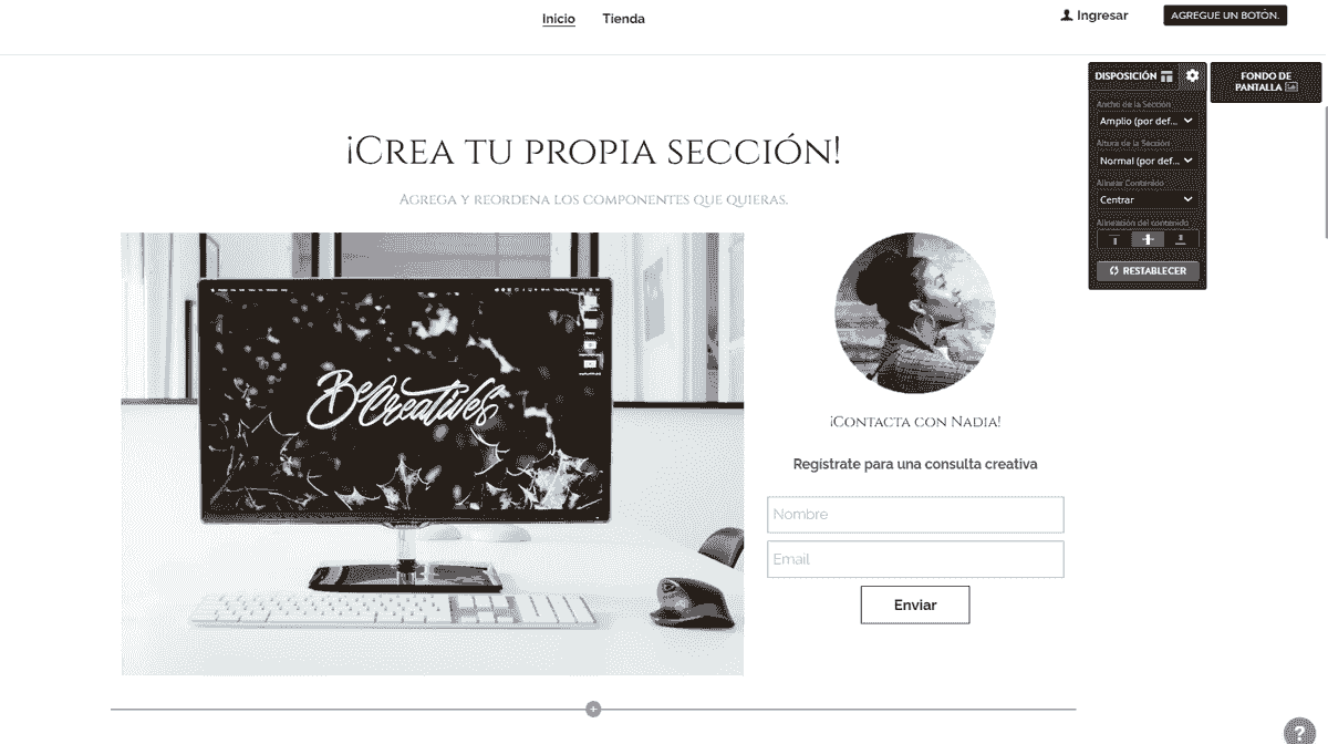 Sección "Crea tu propia sección" de Strikingly