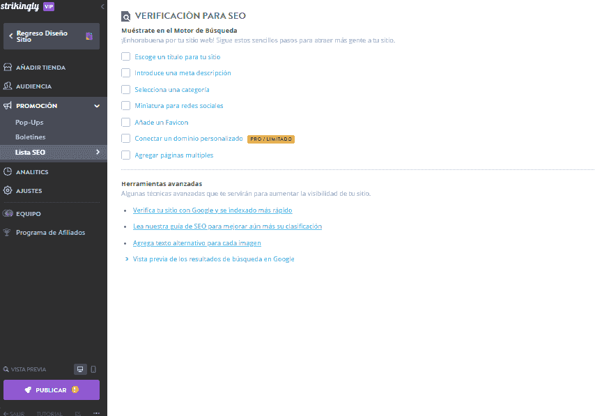 Lista de Verificación SEO de Strikingly