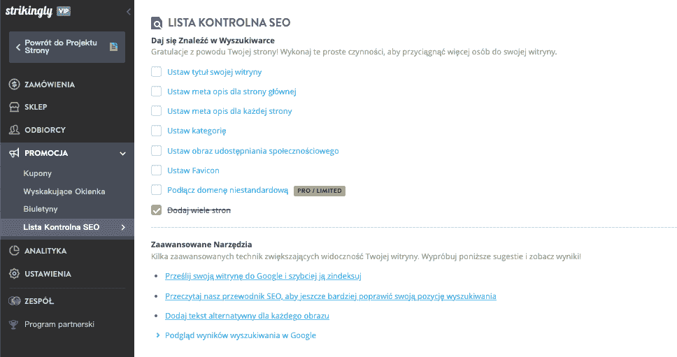 Strikingly – lista kontrolna SEO