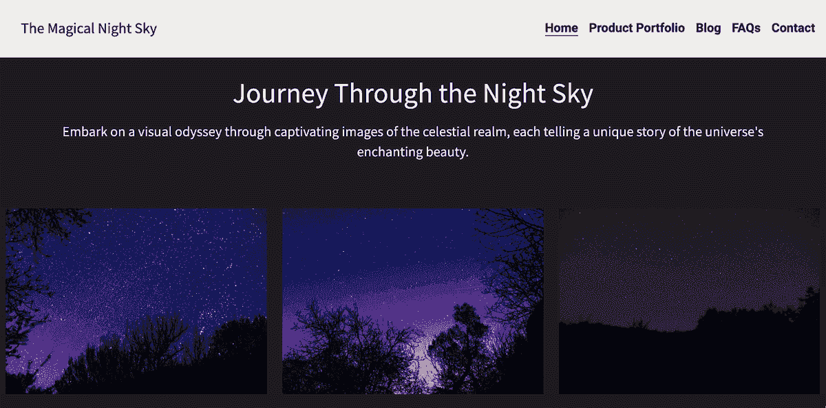 Fotografía nocturna en el sitio web de Strikingly