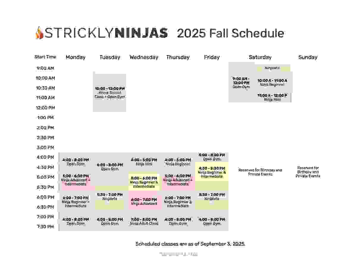 StricklyNinjas 2025 Fall Class Calendar with daily schedule