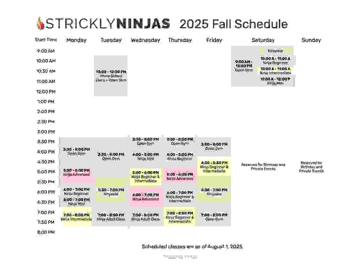 StricklyNinjas 2025 Winter Class Calendar with daily schedule