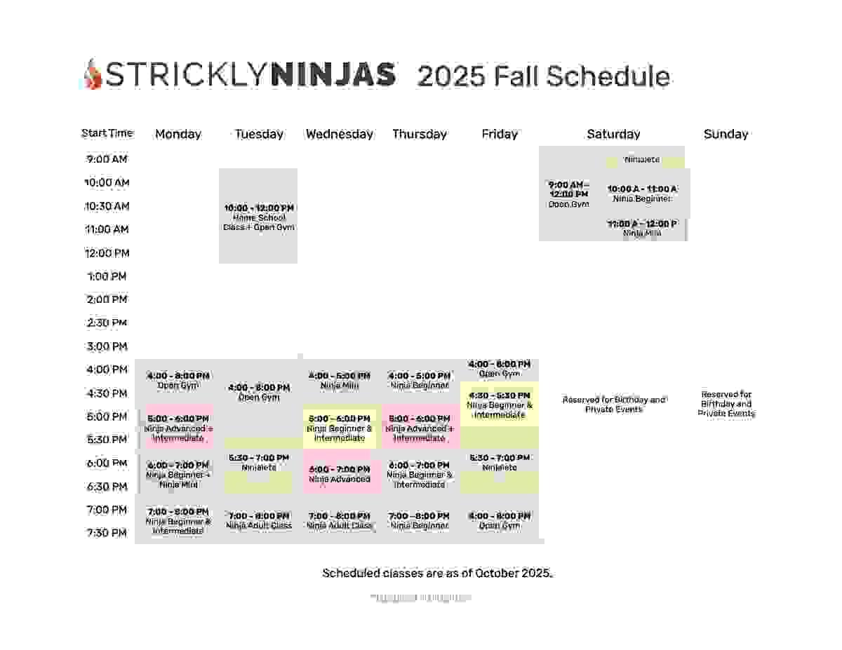 StricklyNinjas 2025 Fall Class Calendar with daily schedule