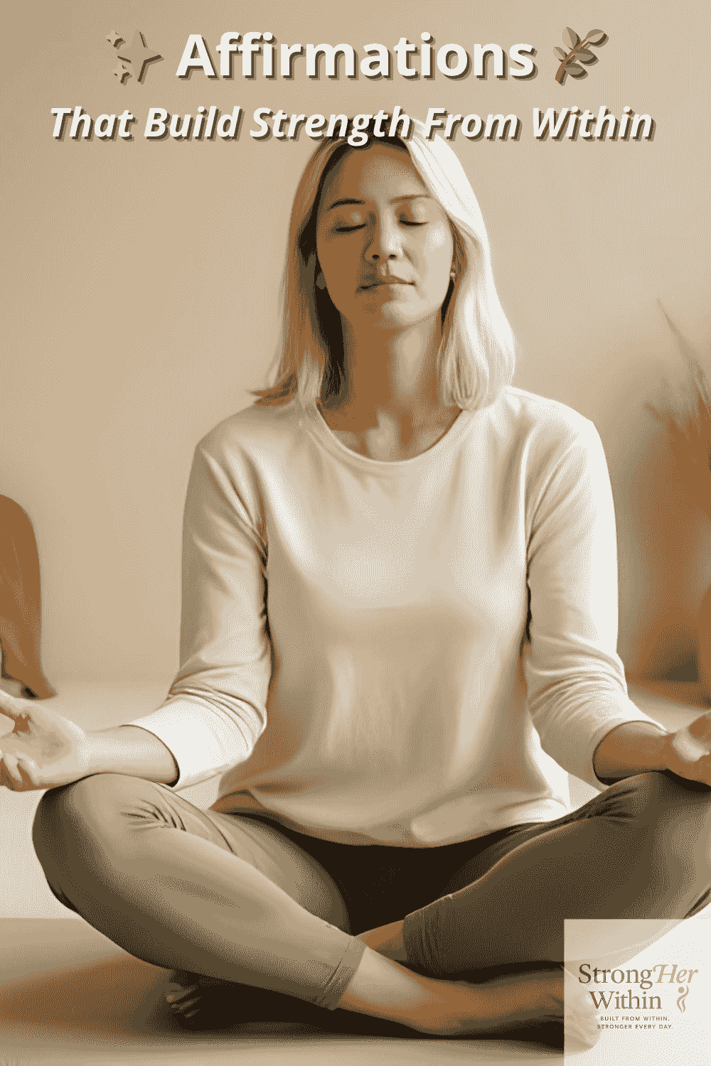 StrongHer Within bone health blog post featuring a calm middle-aged woman meditating on a yoga mat with text overlay: Affirmations That Build Strength From Within. Designed in neutral beige tones with the StrongHer Within logo at the bottom