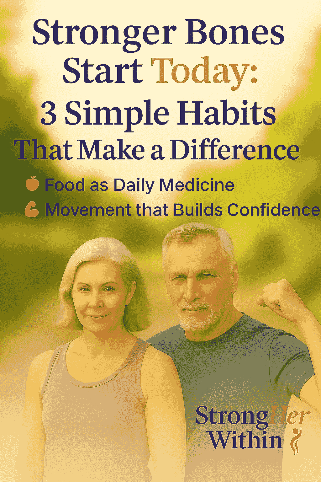 Middle-aged man and woman standing confidently outdoors with warm sunlight in the background. Text overlay reads: ‘Stronger Bones Start Today: 3 Simple Habits That Make a Difference.’ Icons highlight food and movement tips. StrongHer Within logo is placed at the bottom