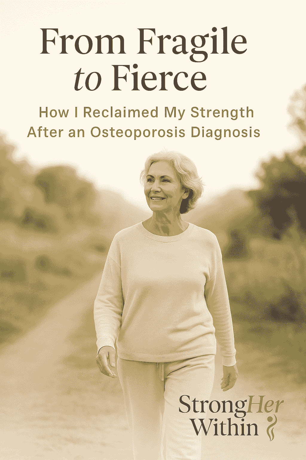 A confident woman in her 50s walks along a sunlit nature trail, wearing comfortable fitness clothes, smiling as she looks ahead. 