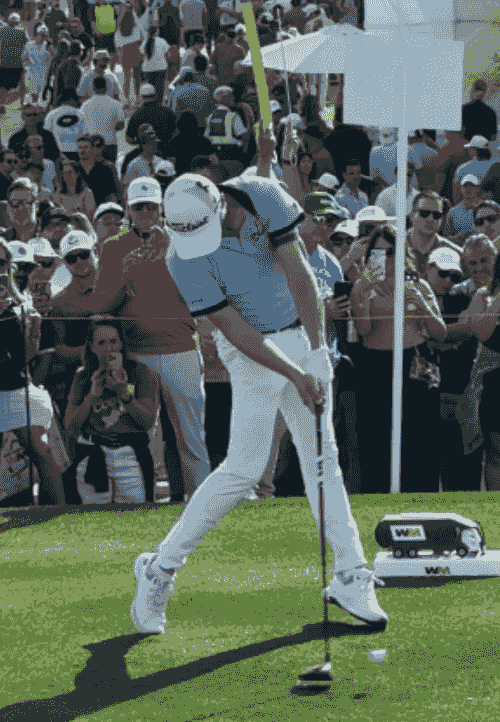Justin Thomas squares the back of the lead hand with the driver at impact.
