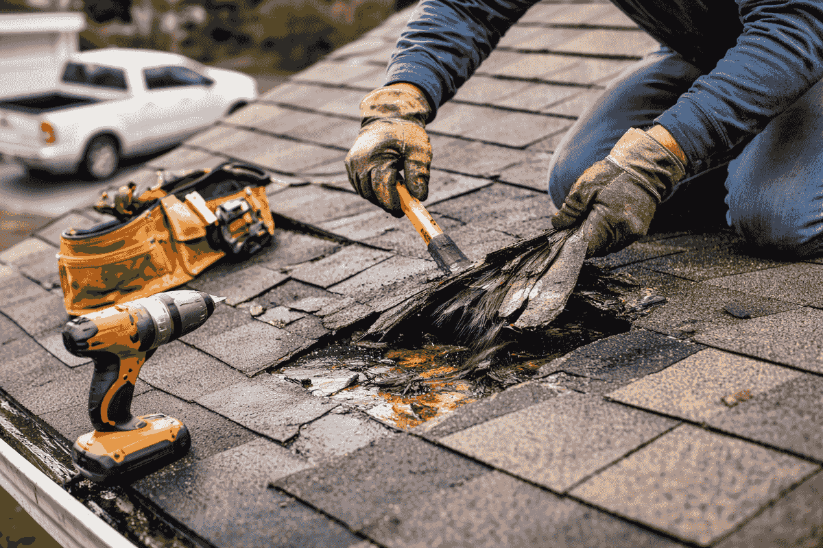 Roofing technician repairing damaged shingles and sealing a leak on a residential roof in Austin, Texas Roofing technician repairing damaged shingles and sealing a leak on a residential roof in Austin, Texas